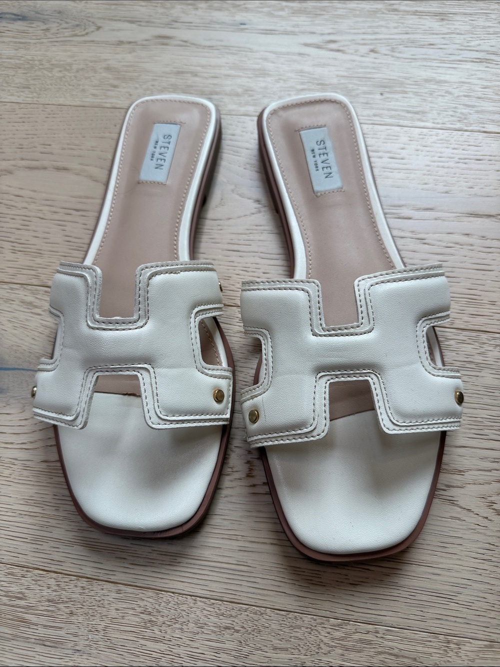 STEVEN by Steve Madden Cream Leather H-Cut Slide Sandals